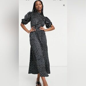 ASOS Black Polka Dot Puff Sleeve Midi Dress